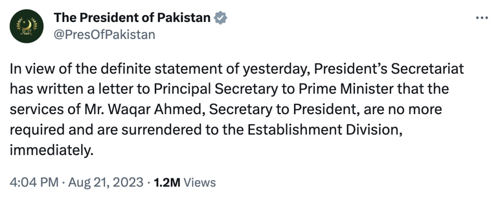 President of Pakistan tweet