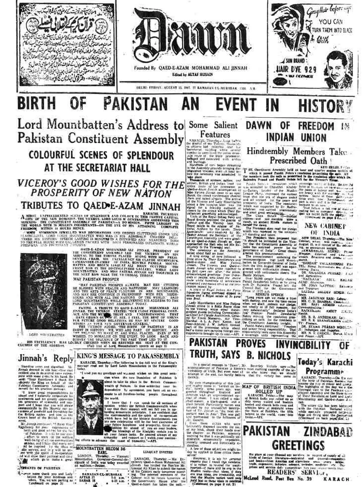 Dawn news headline 14 August 1947