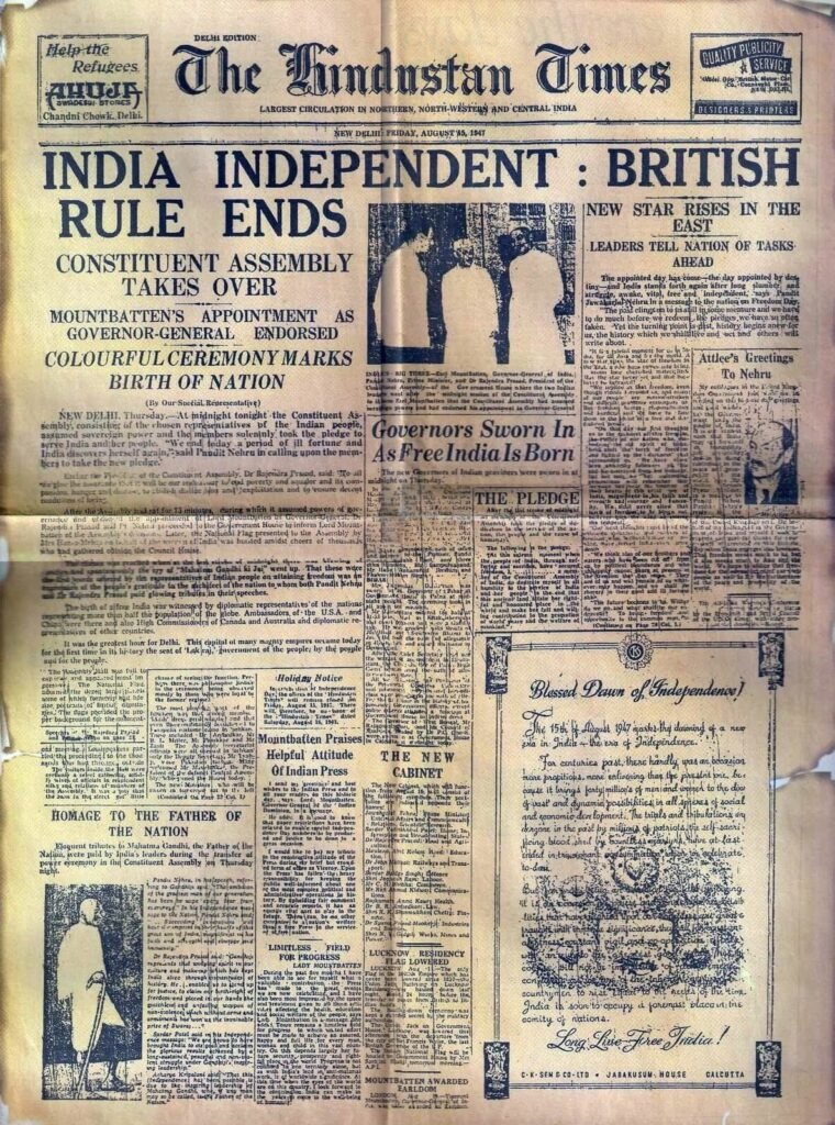 The Hindustan Times Newspaper - 15 August 1947