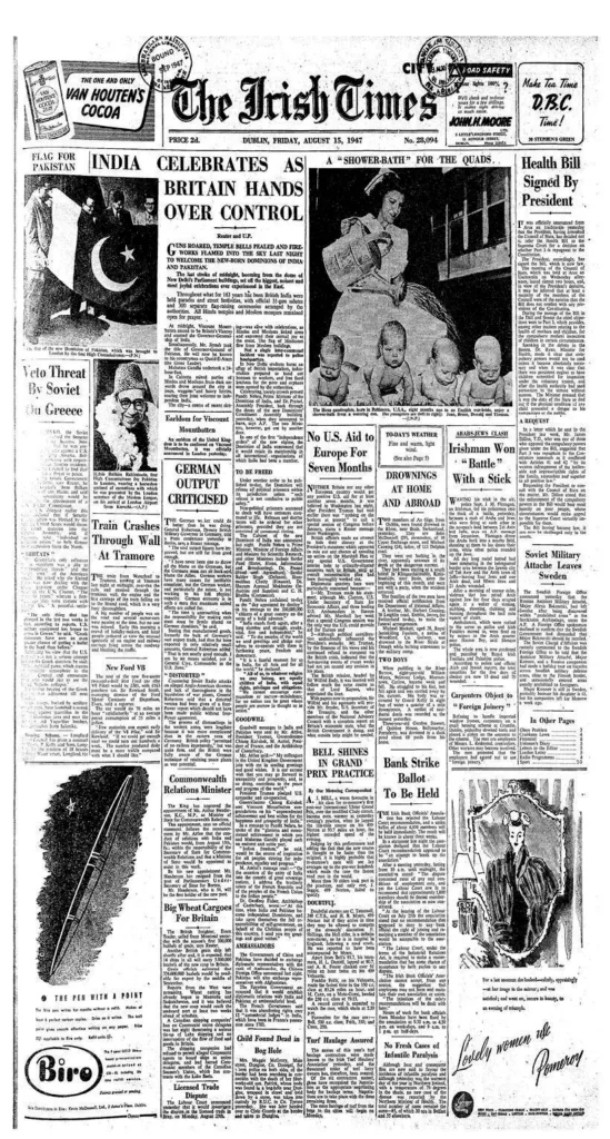 Pakistan India independence newspaper headlines